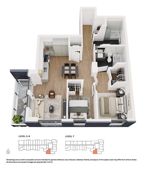 Floor plan for 2 beds, 2 baths, 670 sqft